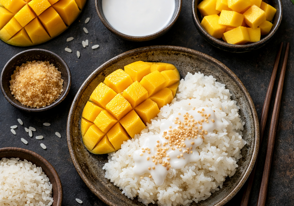 Arroz pegajoso con mango