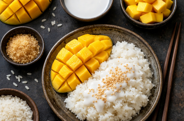 Arroz pegajoso con mango