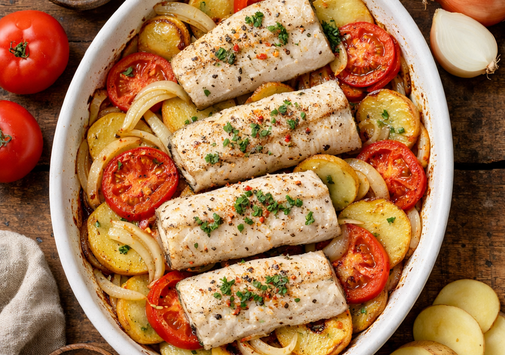Merluza al horno con verduras