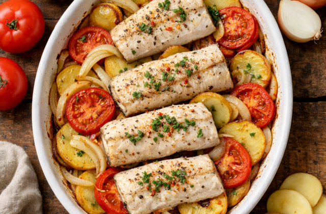 Merluza al horno con verduras