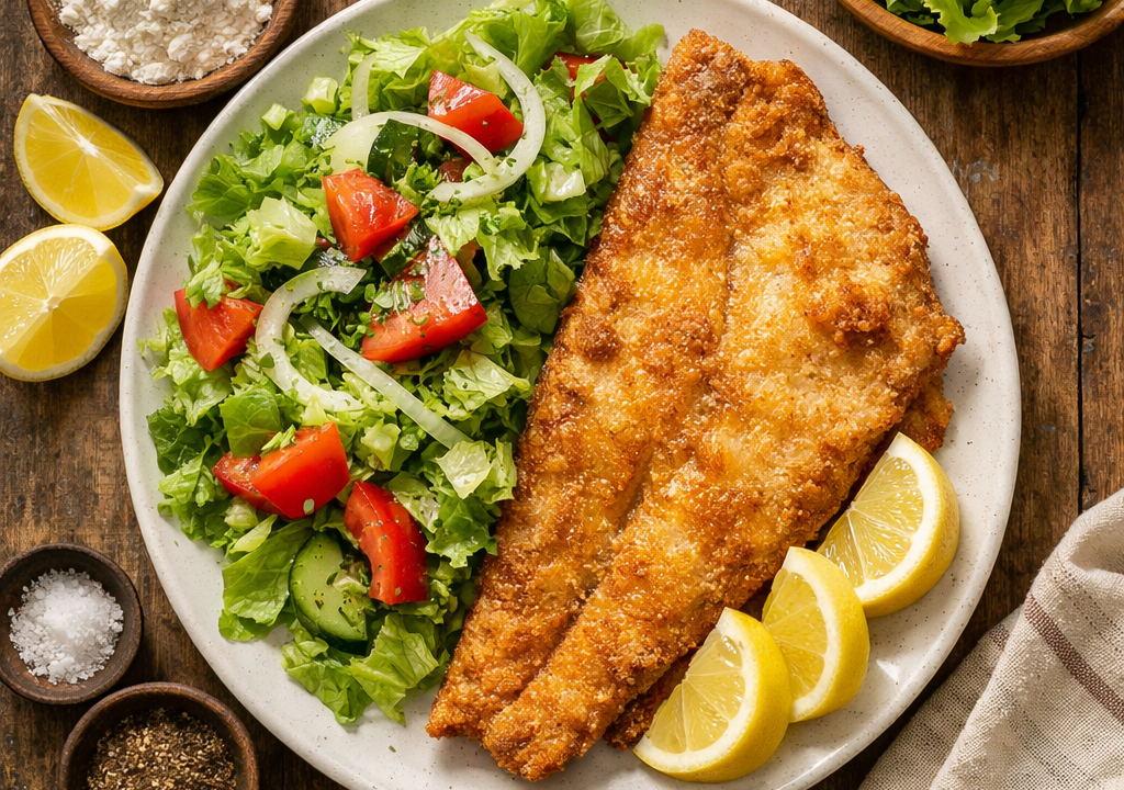 Pescado frito con ensalada