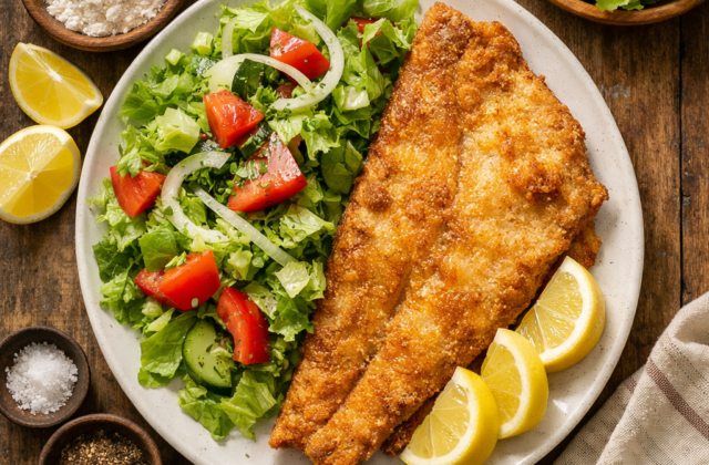 Pescado frito con ensalada