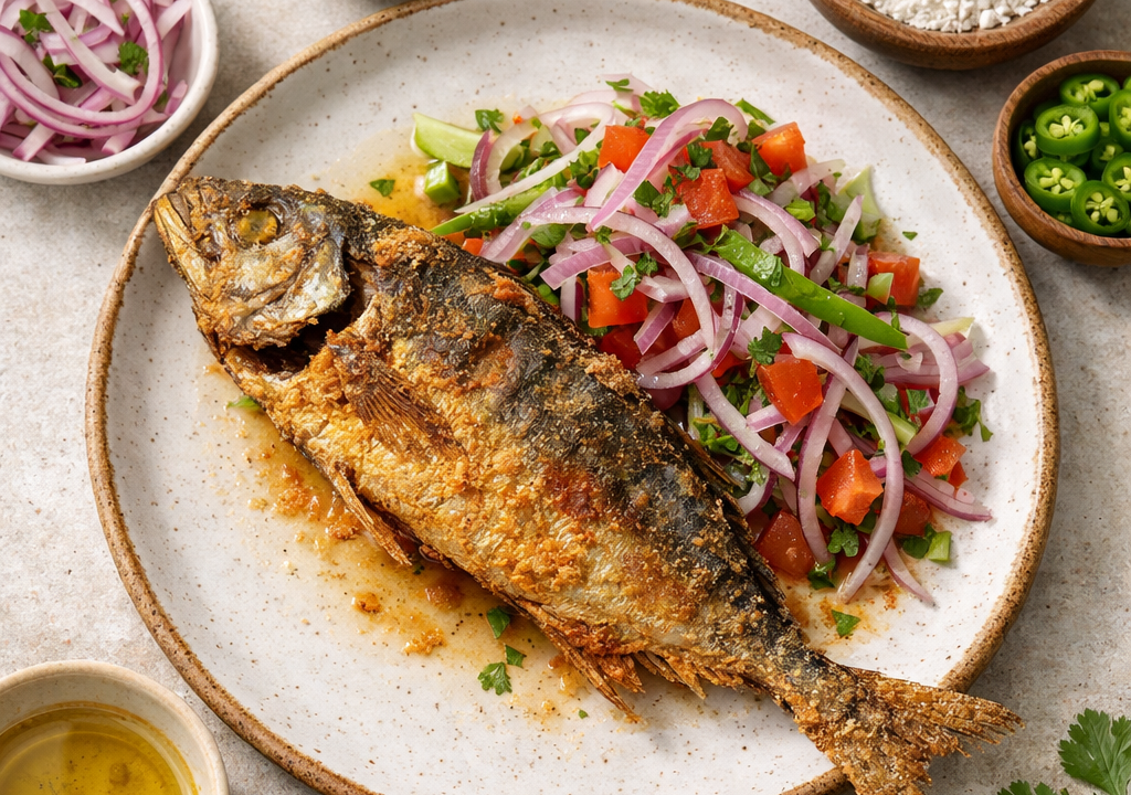 Pescado frito con salsa criolla