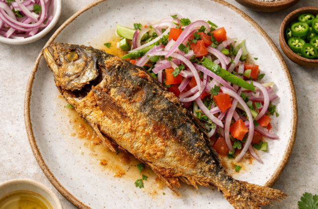 Pescado frito con salsa criolla