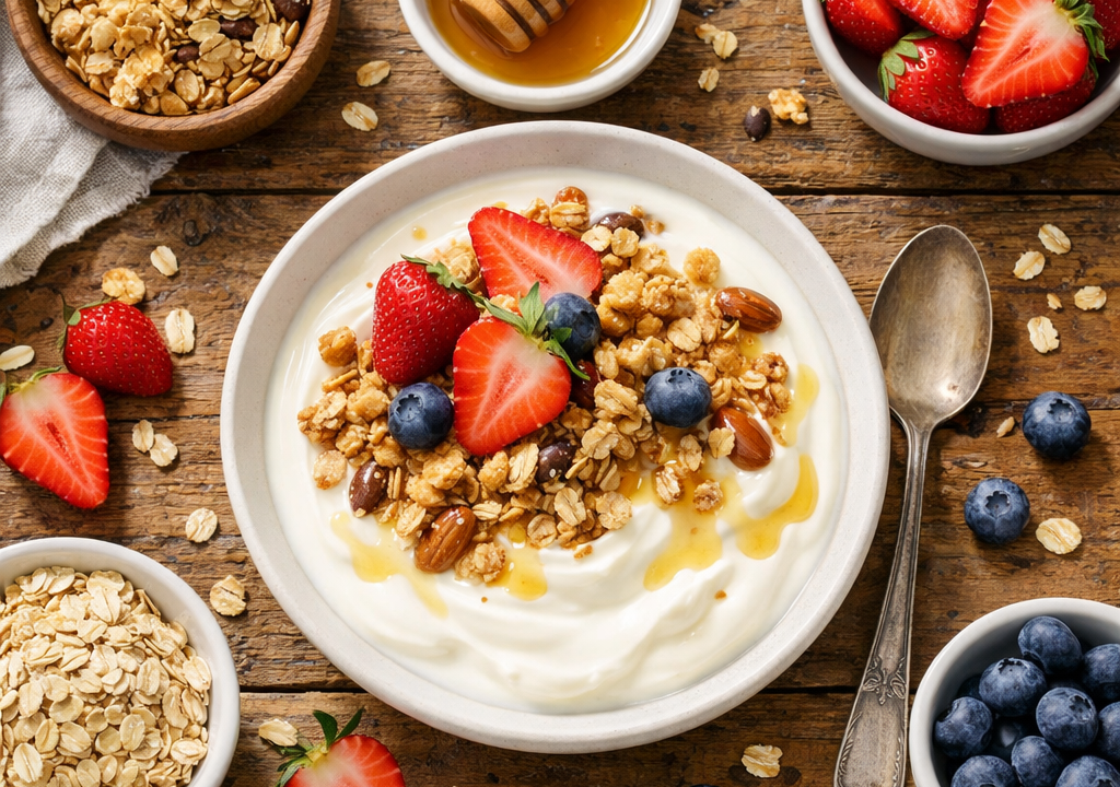 Yogurt con granola y frutas