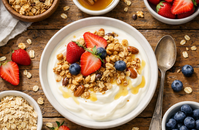 Yogurt con granola y frutas
