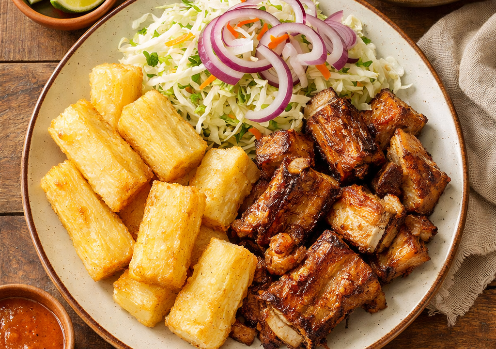 Yuca frita con chicharrón